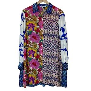 Ros + Olive Tunic Button Up Blouse L Multicolor Mixed Print Patchwork Artsy Boho